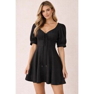 House of Harlow 1960 Black Linen Blend Mini Dress Lace Up V-Neck Puff Sleeve Sz8